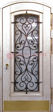 Железная дверь Винорит в форме арки со стеклом и ковкой ДА-53 в Краснодаре