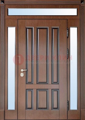 Железная дверь со стеклом и фрамугами в коричневом цвете ДФГ-8 в Всеволожске