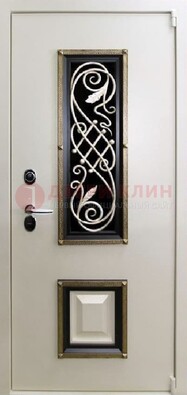 Белая стальная дверь с ковкой со стеклопакетом и МДФ ДК-30 в Всеволожске