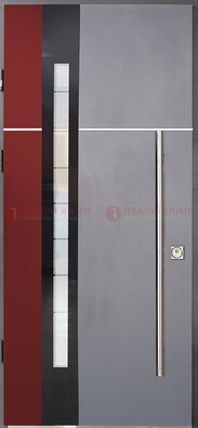 Серая входная дверь с порошковым окрасом и красной вставкой ДП-175 в Выборге
