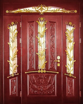 Бордовая железная парадная дверь со стеклом и ковкой ДПР-75 в Кубинке