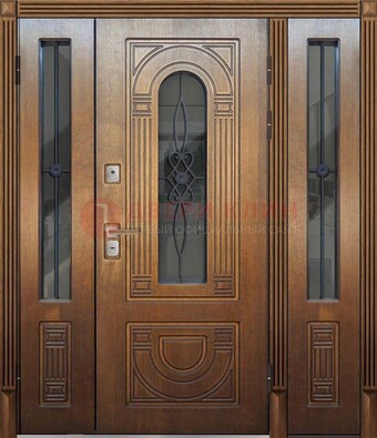 Коричневая стальная парадная дверь с фрамугой ДПР-84 в Всеволожске