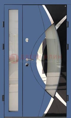Синяя металлическая дверь со стеклом и узором ДС-13 в Всеволожске