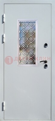 Серая металлическая дверь со стеклом и ковкой ДС-75 в Всеволожске