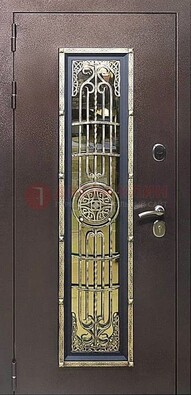 Железная дверь цвета медный антик со стеклом и ковкой ДСК-105 в Всеволожске