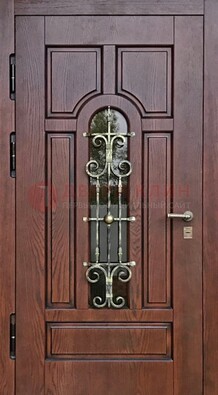 Cтальная дверь со стеклом и ковкой в коричневом цвете ДСК-119 в Всеволожске