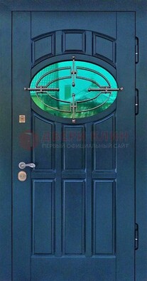 Синяя металлическая дверь со стеклом и ковкой ДСК-143 в Всеволожске