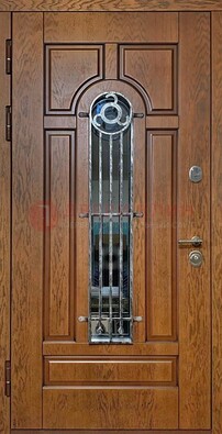 Коричневая стальная дверь со стеклом и ковкой для кирпичного дома ДСК-146 в Всеволожске