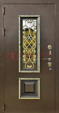 Входная дверь порошок со стеклом и ковкой для коттеджа ДСК-166 в Всеволожске
