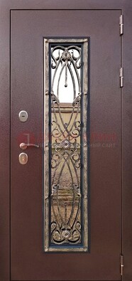 Коричневая стальная дверь порошок со стеклом и ковкой для дома ДСК-169 в Всеволожске