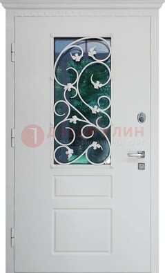 Белая металлическая дверь винорит со стеклом и ковкой ДСК-184 в Всеволожске