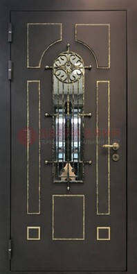 Темная входная дверь Винорит со стеклом и ковкой ДСК-211 в Всеволожске