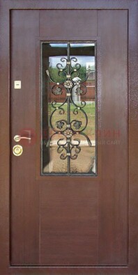 Входная дверь Винорит со стеклом и ковкой в коричневом цвете ДСК-212 в Всеволожске