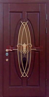 Бордовая стальная дверь Винорит со стеклом и ковкой ДСК-263 в Всеволожске