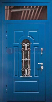 Синяя железная филенчатая дверь со стеклом и ковкой ДСК-97 в Всеволожске