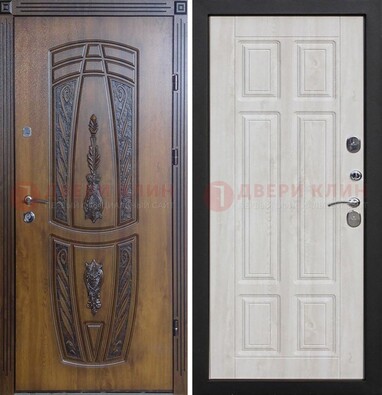 Железная коричневая уличная дверь с виноритом и МДФ Беленый дуб ДВТ-125 в Всеволожске