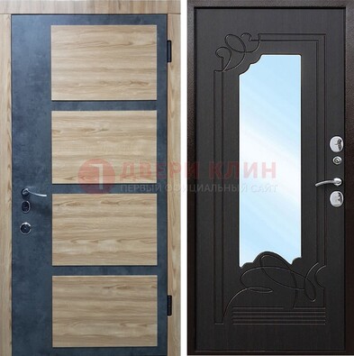 Металлическая дверь Темный орех c фрезерованной МДФ с зеркалом ДЗ-103 в Всеволожске