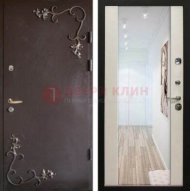 Железная дверь с порошковым напылением Темное серебро cо светлой МДФ с зеркалом ДЗ-109 в Видном