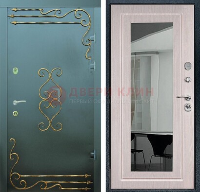 Железная дверь c порошковым напылением и МДФ Белый дуб с зеркалом ДЗ-110 в Звенигороде