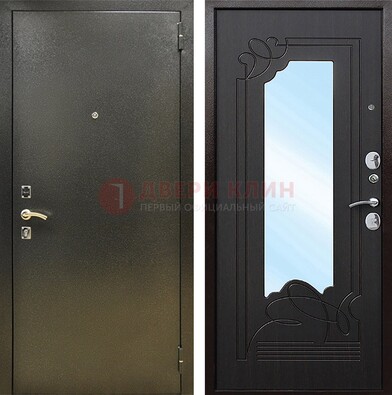 Железная темная дверь c порошковым напылением и МДФ с узором и зеркалом ДЗ-111 в Видном
