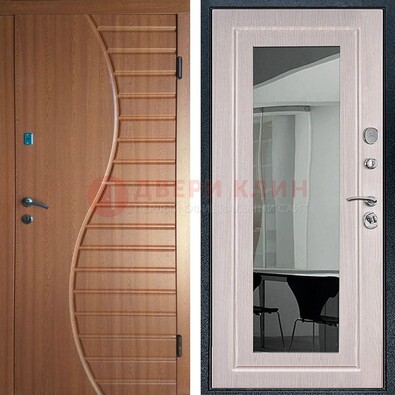 Коричневая железная дверь c виноритом и  МДФ Белый дуб с зеркалом ДЗ-118 в Всеволожске