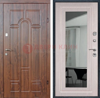 Входная коричневая дверь с МДФ Белый дуб и зеркалом ДЗ-126 в Всеволожске