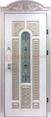 Белая железная дверь с МДФ и витражом ВЖ-26 в Всеволожске