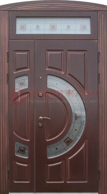 Коричневая двухстворчатая железная дверь с МДФ и витражом ВЖ-29 в Всеволожске