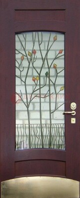 Бордовая стальная дверь с витражом и декоративным элементом ВЖ-3 в Всеволожске